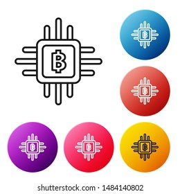 Black line CPU mining farm icon isolated on white background. Bitcoin sign inside processor. Cryptocurrency mining community. Digital money. Set icons colorful circle buttons. Vector Illustration