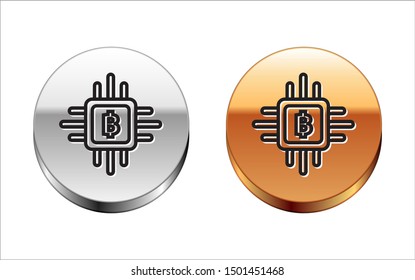 Black line CPU mining farm icon isolated on white background. Bitcoin sign inside processor. Cryptocurrency mining community. Digital money. Silver-gold circle button. Vector Illustration