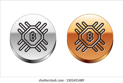 Black line CPU mining farm icon isolated on white background. Bitcoin sign inside processor. Cryptocurrency mining community. Digital money. Silver-gold circle button. Vector Illustration