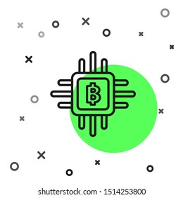 Black line CPU mining farm icon isolated on white background. Bitcoin sign inside processor. Cryptocurrency mining community. Digital money.  Vector Illustration