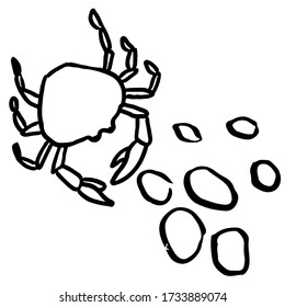 Black line crab on white isolated backdrop. Sea stones for invitation and gift card, tattoo parlor or seafood store logo, bath tile. Phone case or cloth print. Doodle style stock vector illustration
