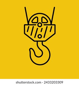 Black line crane hook isolated on a yellow background. Industrial steel hook tower crane. Steel tower crane hook, yellow with black stripe. Lifting large loads. Vector illustration flat design. 