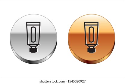 Black line Cream or lotion cosmetic tube icon isolated on white background. Body care products for men. Silver-gold circle button. Vector Illustration