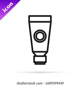 Black line Cream or lotion cosmetic tube icon isolated on white background. Body care products for men.  Vector Illustration