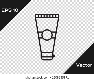 Black line Cream or lotion cosmetic tube icon isolated on transparent background. Body care products for men.  Vector Illustration