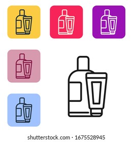 Black Line Cream Or Lotion Cosmetic Tube Icon Isolated On White Background. Body Care Products For Men. Set Icons In Color Square Buttons. Vector Illustration