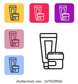 Black line Cream or lotion cosmetic tube icon isolated on white background. Body care products for men. Set icons in color square buttons. Vector Illustration