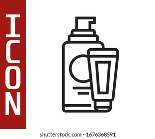 Black line Cream or lotion cosmetic tube icon isolated on white background. Body care products for men.  Vector Illustration