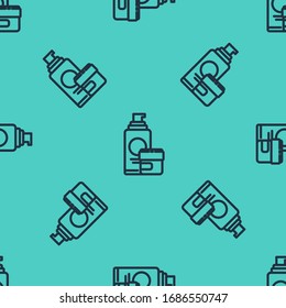 Black line Cream or lotion cosmetic tube icon isolated seamless pattern on green background. Body care products for men.  Vector Illustration