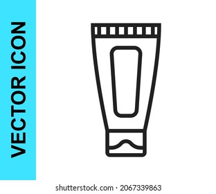 Black line Cream or lotion cosmetic tube icon isolated on white background. Body care products for woman.  Vector