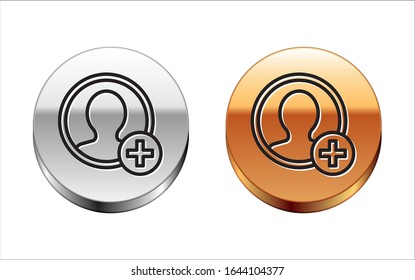 Línea negra Crear icono de pantalla de cuenta aislado en fondo blanco. Botón del círculo dorado plateado.  Ilustración vectorial