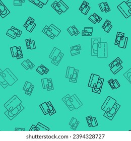 Black line Credit card icon isolated seamless pattern on green background. Online payment. Cash withdrawal. Financial operations. Shopping sign.  Vector