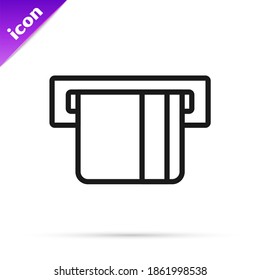 Black line Credit card inserted in card reader icon isolated on white background. ATM cash machine.  Vector