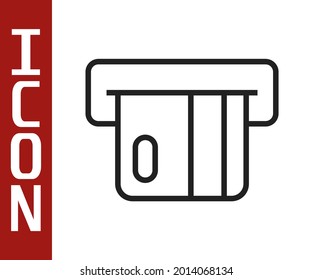 Black line Credit card inserted in card reader icon isolated on white background. ATM cash machine.  Vector