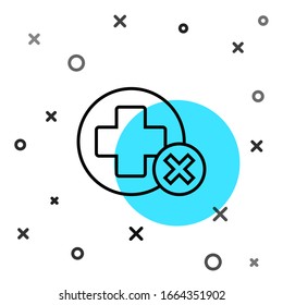 Black line Cross hospital medical icon isolated on white background. First aid. Diagnostics symbol. Medicine and pharmacy sign. Random dynamic shapes. Vector Illustration