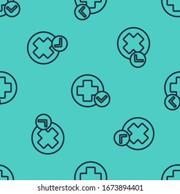 Black line Cross hospital medical icon isolated seamless pattern on green background. First aid. Diagnostics symbol. Medicine and pharmacy sign.  Vector Illustration