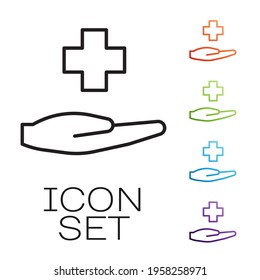Black line Cross hospital medical icon isolated on white background. First aid. Diagnostics symbol. Medicine and pharmacy sign. Set icons colorful. Vector Illustration