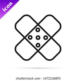 Black line Crossed bandage plaster icon isolated on white background. Medical plaster, adhesive bandage, flexible fabric bandage.  Vector Illustration