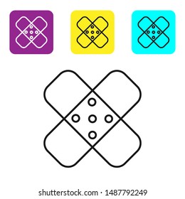 Black line Crossed bandage plaster icon isolated on white background. Medical plaster, adhesive bandage, flexible fabric bandage. Set icons colorful square buttons. Vector Illustration