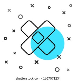 Black line Crossed bandage plaster icon isolated on white background. Medical plaster, adhesive bandage, flexible fabric bandage. Random dynamic shapes. Vector Illustration