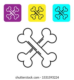 Black line Crossed bones icon isolated on white background. Pets food symbol. Happy Halloween party. Set icons colorful square buttons. Vector Illustration