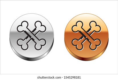 Black line Crossed bones icon isolated on white background. Pets food symbol. Happy Halloween party. Silver-gold circle button. Vector Illustration