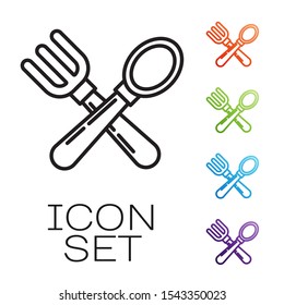 Black line Crossed fork and spoon icon isolated on white background. Cooking utensil. Cutlery sign. Set icons colorful. Vector Illustration