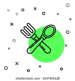 Black line Crossed fork and spoon icon isolated on white background. Cooking utensil. Cutlery sign.  Vector Illustration