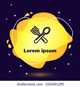 Black line Crossed fork and spoon icon isolated on blue background. Cooking utensil. Cutlery sign. Abstract banner with liquid shapes. Vector Illustration