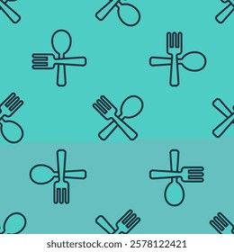 Black line Crossed fork and spoon icon isolated seamless pattern on green background. Cooking utensil. Cutlery sign.  Vector