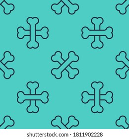 Black line Crossed human bones icon isolated seamless pattern on green background.  Vector