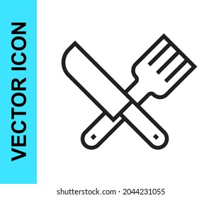 Black line Crossed knife and fork icon isolated on white background. Cutlery symbol.  Vector