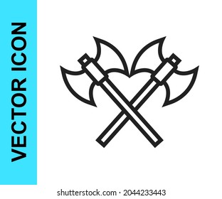 Black line Crossed medieval axes icon isolated on white background. Battle axe, executioner axe. Medieval weapon.  Vector