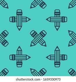 Black line Crossed pencil with eraser icon isolated seamless pattern on green background. Drawing and educational tools. School office symbol.  Vector Illustration