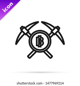 Black line Crossed pickaxe icon isolated on white background. Blockchain technology, cryptocurrency mining, bitcoin, altcoins, digital money market.  Vector Illustration