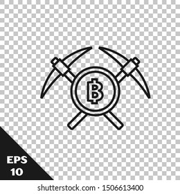Black line Crossed pickaxe icon isolated on transparent background. Blockchain technology, cryptocurrency mining, bitcoin, altcoins, digital money market.  Vector Illustration