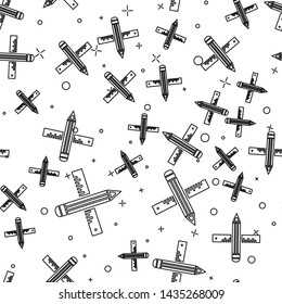 Black line Crossed ruler and pencil icon isolated seamless pattern on white background. Straightedge symbol. Drawing and educational tools.  Vector Illustration