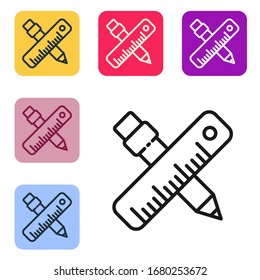 Black line Crossed ruler and pencil icon isolated on white background. Straightedge symbol. Drawing and educational tools. Set icons in color square buttons. Vector Illustration