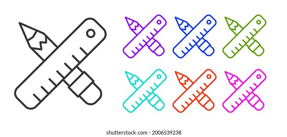 Black line Crossed ruler and pencil icon isolated on white background. Straightedge symbol. Drawing and educational tools. Set icons colorful. Vector