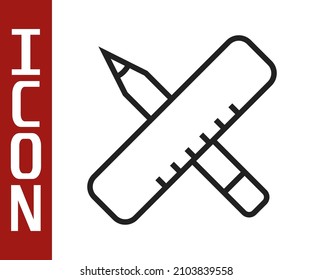 Black line Crossed ruler and pencil icon isolated on white background. Straightedge symbol. Drawing and educational tools.  Vector