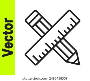 Black line Crossed ruler and pencil icon isolated on white background. Straightedge symbol. Drawing and educational tools.  Vector
