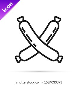 Black line Crossed sausage icon isolated on white background. Grilled sausage and aroma sign.  Vector Illustration