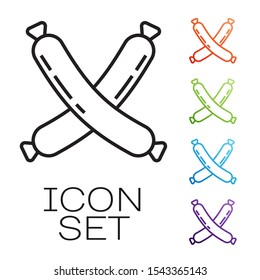 Black line Crossed sausage icon isolated on white background. Grilled sausage and aroma sign. Set icons colorful. Vector Illustration