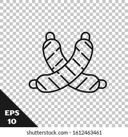 Black line Crossed sausage icon isolated on transparent background. Grilled sausage and aroma sign.  Vector Illustration
