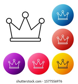 Black line Crown icon isolated on white background. Set icons colorful circle buttons. Vector Illustration