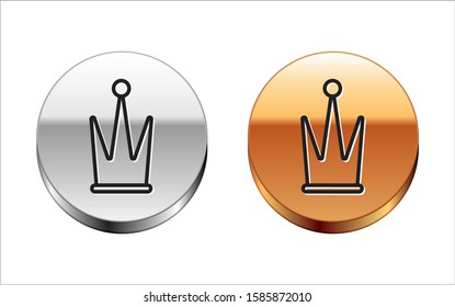 Black line Crown icon isolated on white background. Silver-gold circle button. Vector Illustration
