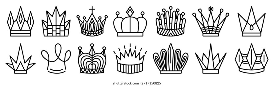 Conjunto de Vector de icono de corona de línea negra, contorno decorativo, signos de poder aislados. Clipart monocromáticos del príncipe real y de la princesa, pictogramas elegantes editables del rey y de la reina del lujo del movimiento