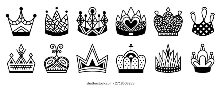 Conjunto de Vector de icono de corona de línea negra, delinear elegantes signos de premio. Clipart monocromáticos de la autoridad del príncipe y la princesa, pictogramas de la aristocracia del rey y la reina de lujo con trazo editable