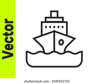 Black line Cruise ship icon isolated on white background. Travel tourism nautical transport. Voyage passenger ship, cruise liner. Worldwide cruise.  Vector