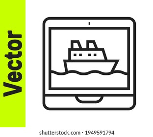 Black line Cruise ship icon isolated on white background. Travel tourism nautical transport. Voyage passenger ship, cruise liner. Worldwide cruise.  Vector